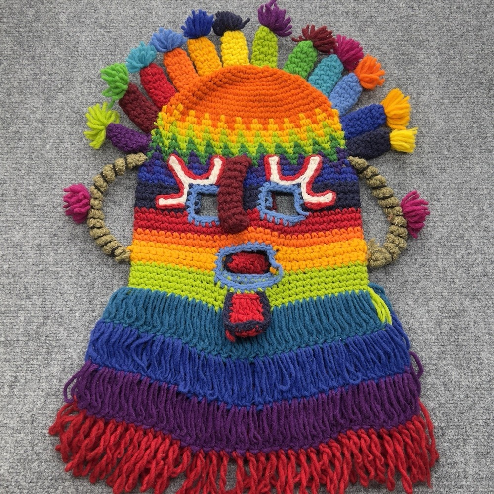 Handmade Crochet Rainbow Mask Hat Fringe Festival Art Wall Decor Boho Colorful